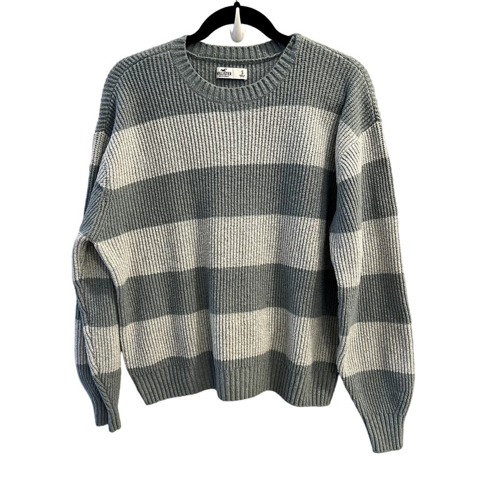 Hollister Gray and White Striped Crew Neck Sweater